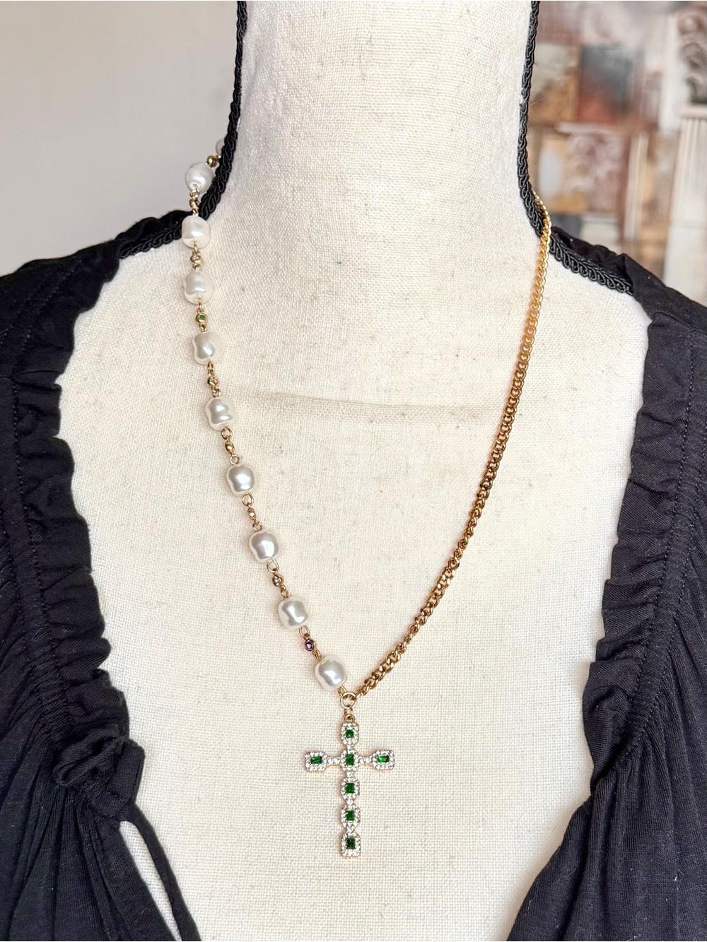 Necklace, 18”+3” asymmetrical pearl/chain/rhinestone, & Cross pendant